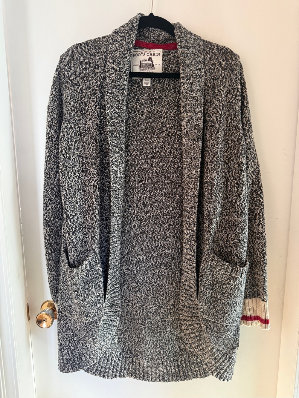 Roots Cabin Black White Marled Long Cardigan Medium Chunky Knit Cozy